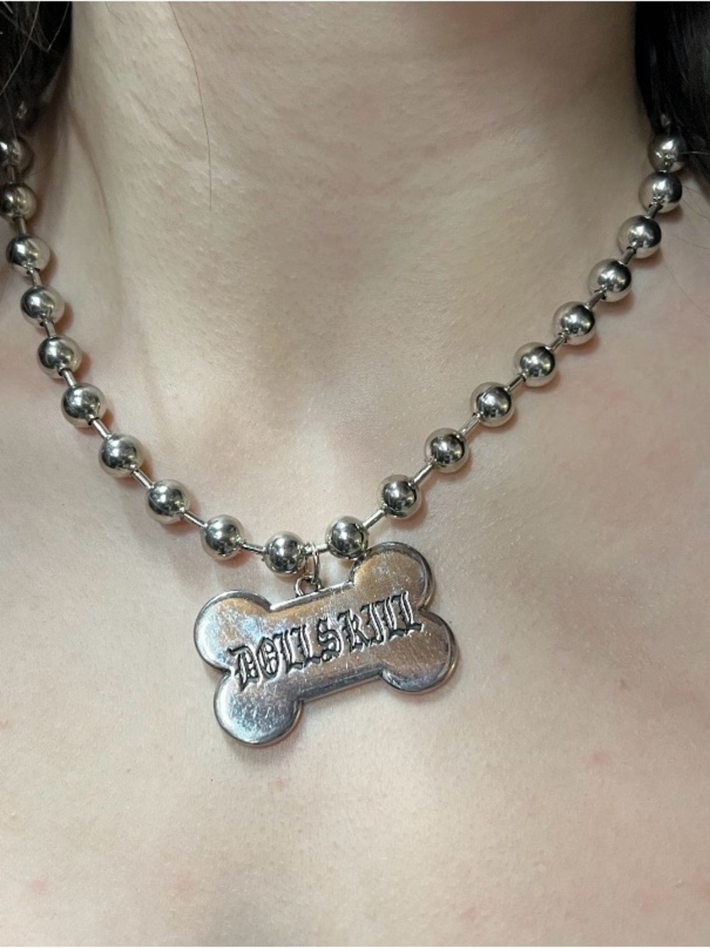 Dolls Kill Silver Bone Pendant Ball Chain Necklace